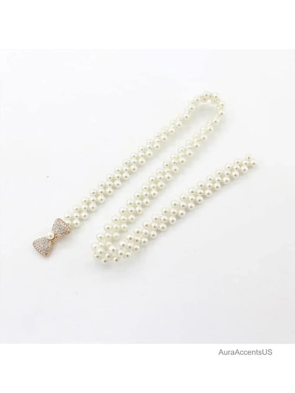 Rhinestone Bow Elastic Waist Belt with Pearl Accents for Dresses